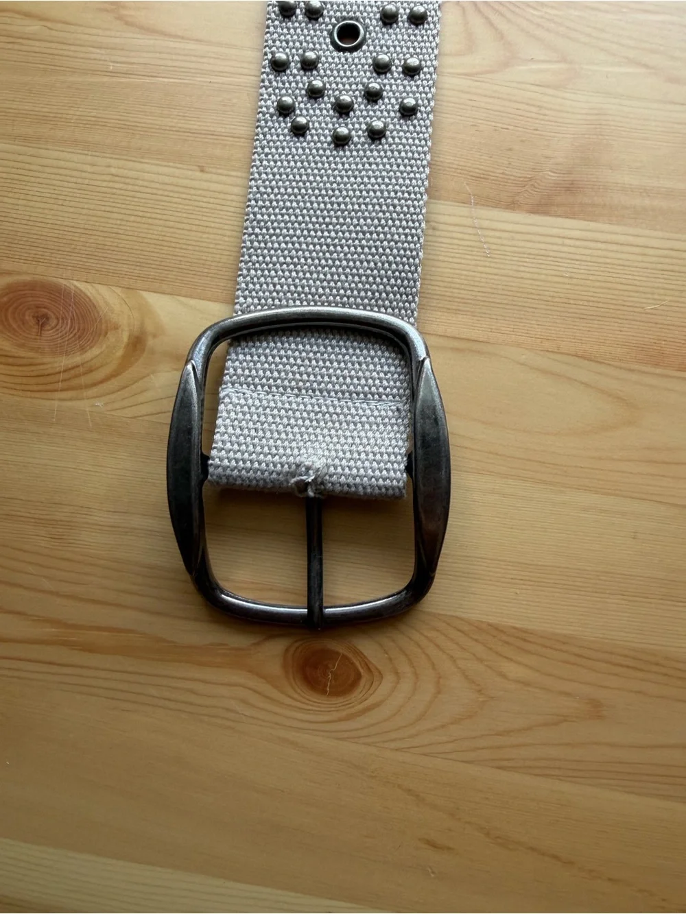 Studded Canvas Belt in Light Beige with Silver Buckle